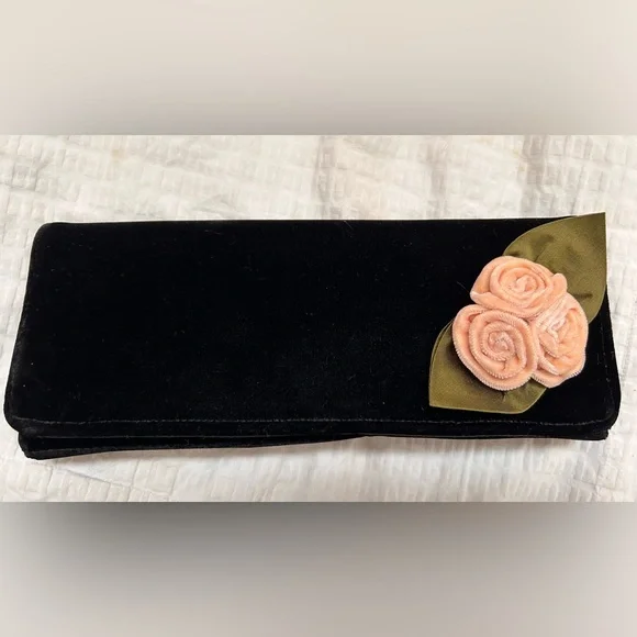 Shira Leah Black Velvet Clutch with Velvet Rose and Magnetic Closure - Picture 1 of 7